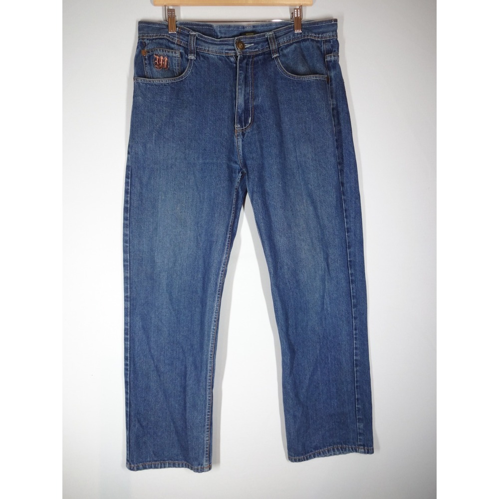 Y2K Makaveli Branded Jeans Mens 36x28 Blue Embroidered Streetwear Hip Hop Tupac